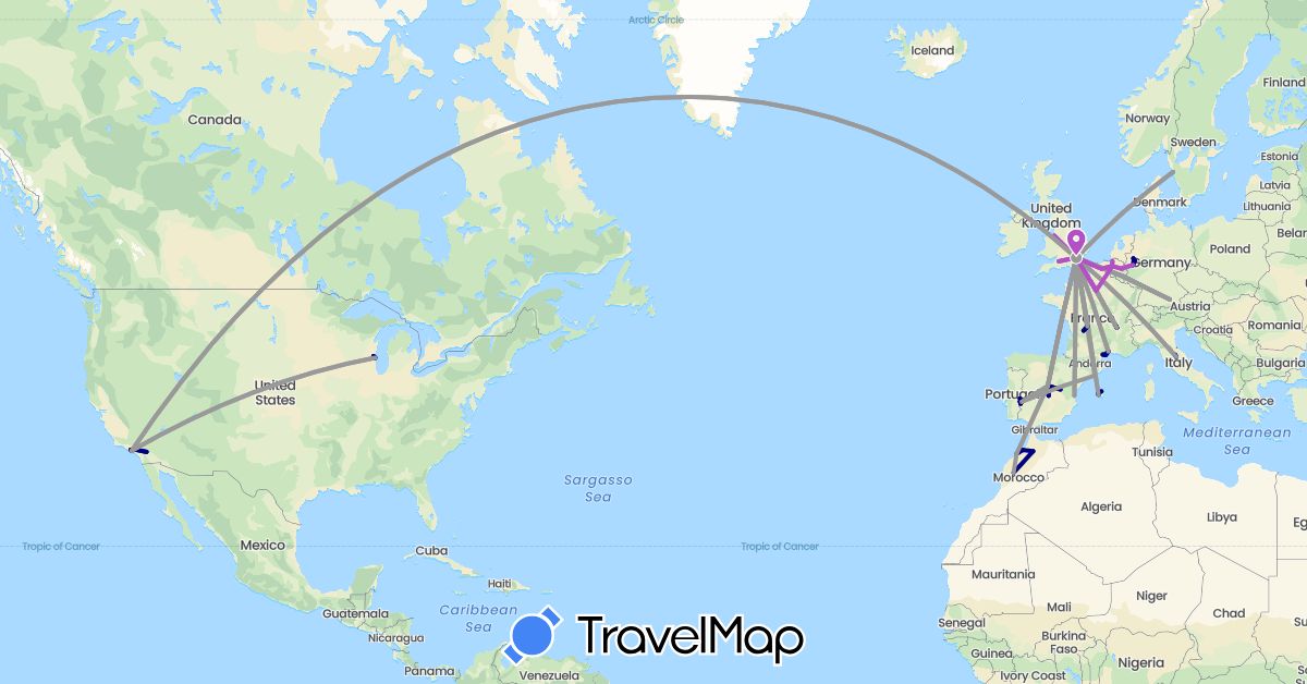 TravelMap itinerary: driving, bus, plane, train, hiking, boat in Belgium, Germany, Spain, France, United Kingdom, Italy, Morocco, Portugal, Sweden, United States (Africa, Europe, North America)
