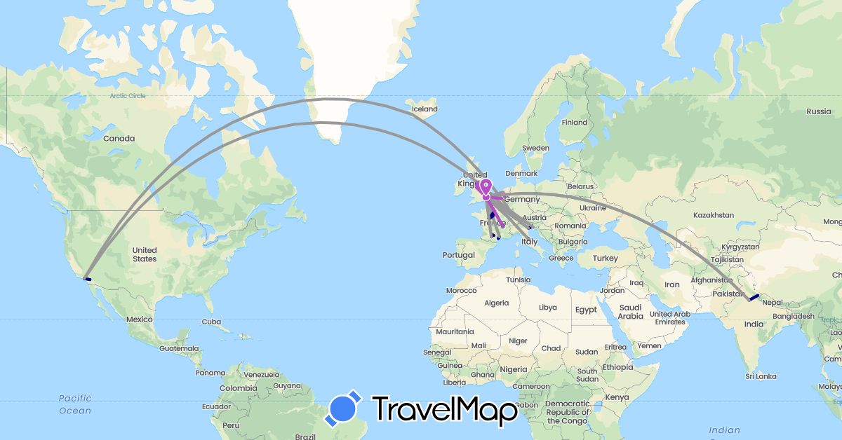 TravelMap itinerary: driving, plane, train in Belgium, Switzerland, France, United Kingdom, India, Iceland, Italy, Netherlands, United States (Asia, Europe, North America)