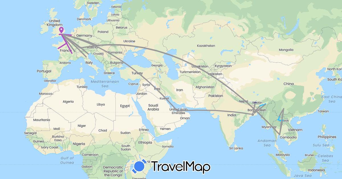 TravelMap itinerary: driving, plane, train, boat in United Arab Emirates, Austria, Belgium, Bhutan, Switzerland, China, France, United Kingdom, India, Italy, Laos, Myanmar (Burma), Thailand (Asia, Europe)