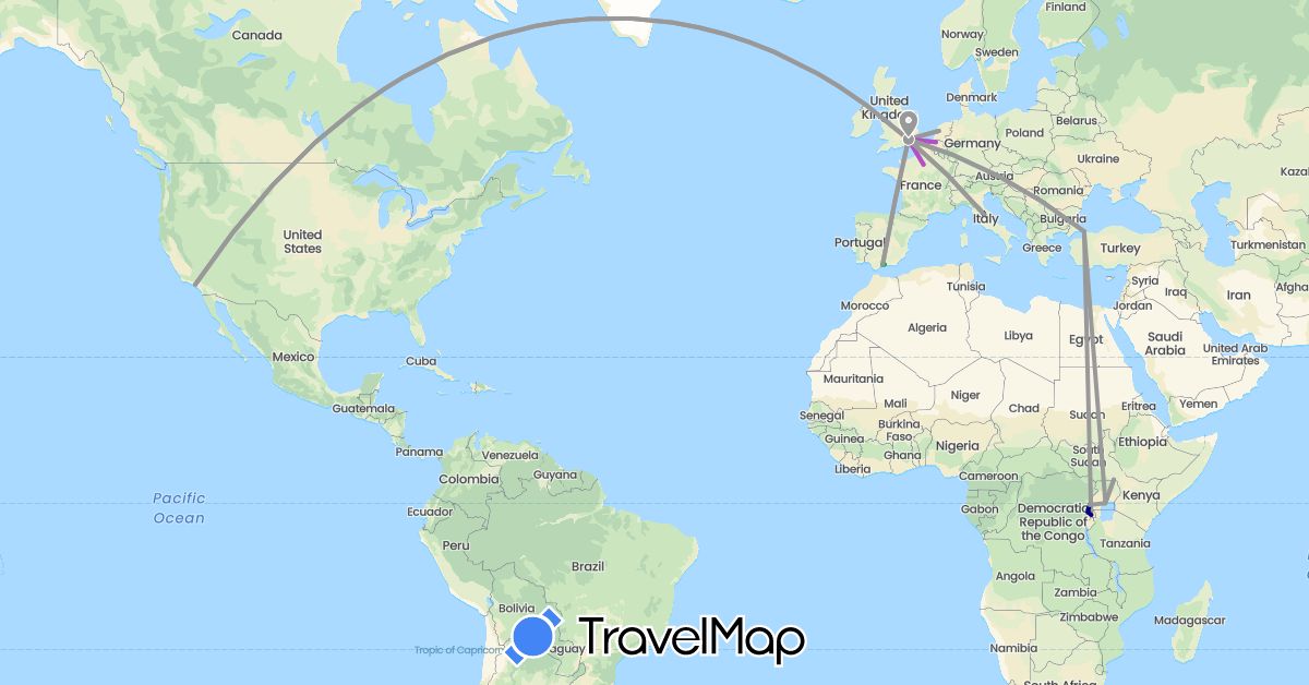 TravelMap itinerary: driving, bus, plane, train, hiking in Belgium, Spain, France, United Kingdom, Italy, Netherlands, Rwanda, Turkey, Uganda, United States (Africa, Asia, Europe, North America)
