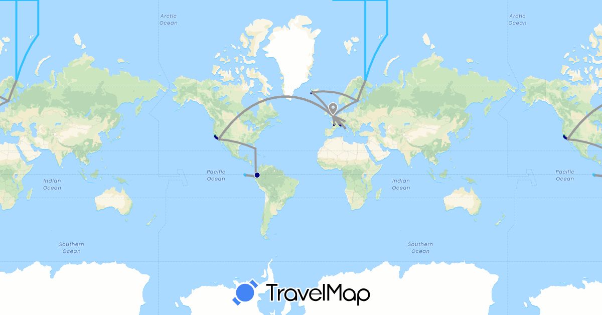 TravelMap itinerary: driving, bus, plane, train, boat in Switzerland, Germany, Ecuador, Finland, France, United Kingdom, Iceland, Italy, Russia, United States (Europe, North America, South America)