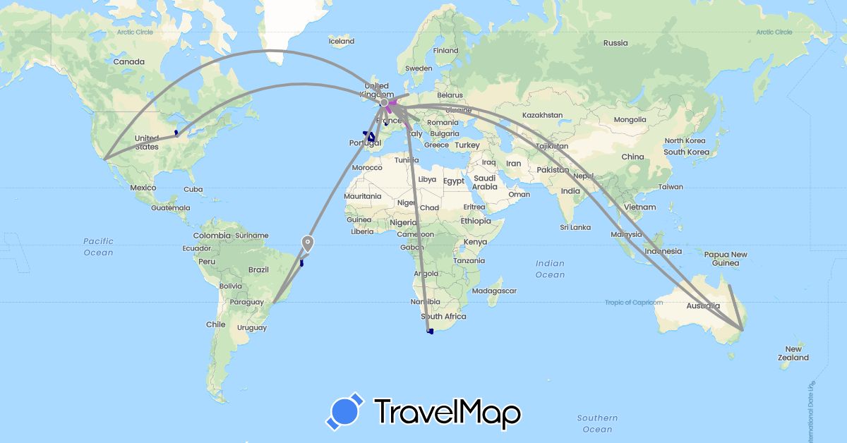 TravelMap itinerary: driving, bus, plane, train, boat in Austria, Australia, Belgium, Brazil, Switzerland, Germany, Spain, France, United Kingdom, Italy, Netherlands, Portugal, Singapore, Thailand, United States, South Africa (Africa, Asia, Europe, North America, Oceania, South America)