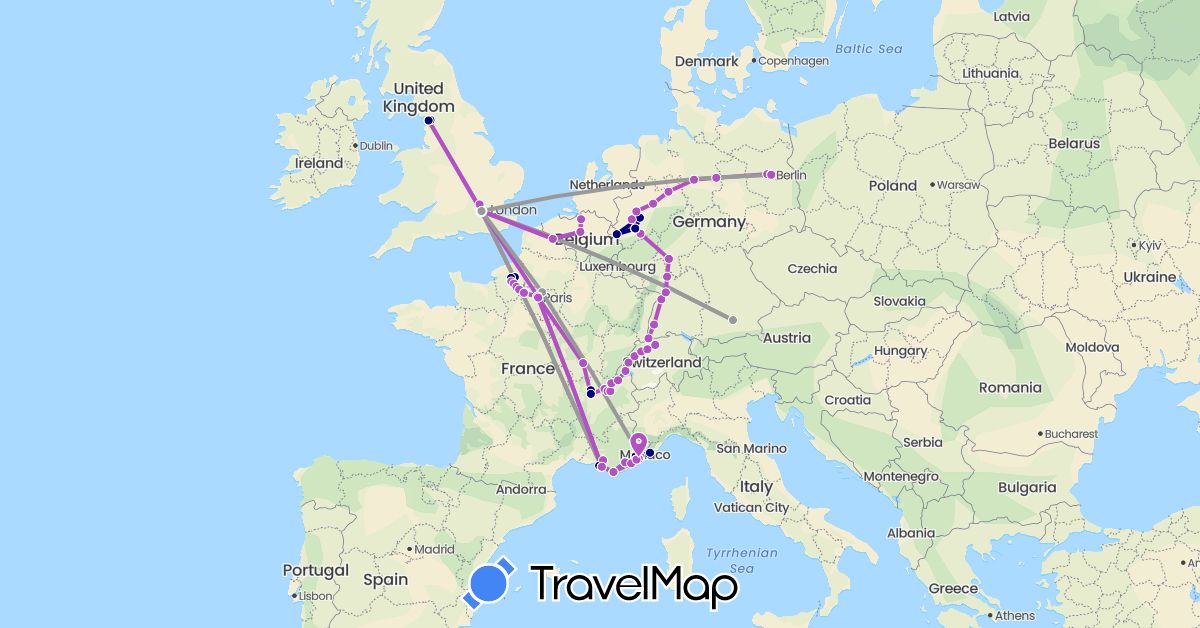 TravelMap itinerary: driving, plane, train in Belgium, Switzerland, Germany, France, United Kingdom, Italy (Europe)