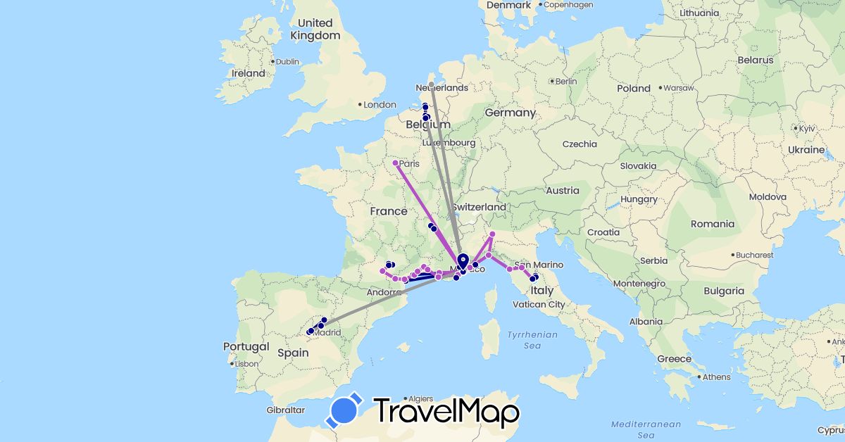 TravelMap itinerary: driving, plane, cycling, train, boat in Belgium, Spain, France, Italy, Netherlands (Europe)