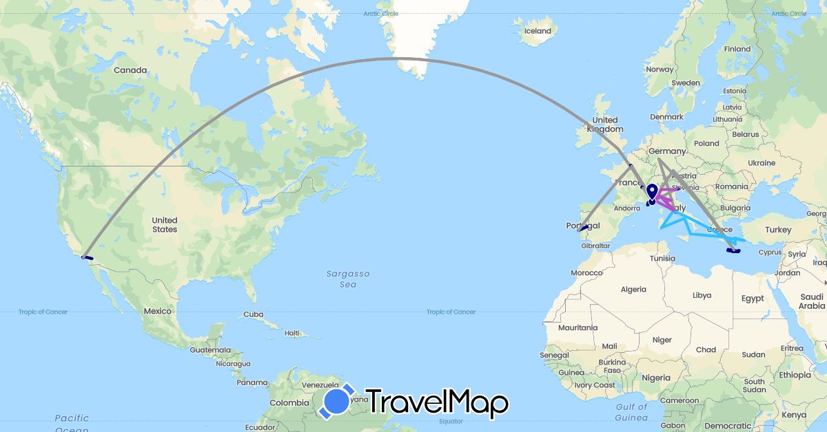 TravelMap itinerary: driving, plane, train, hiking, boat in Germany, Spain, France, United Kingdom, Greece, Italy, Monaco, Portugal, Turkey, United States (Asia, Europe, North America)