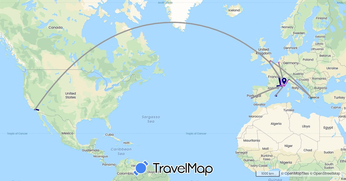 TravelMap itinerary: driving, bus, plane, train, boat in Belgium, Switzerland, Spain, France, United Kingdom, Greece, Italy, Portugal, United States (Europe, North America)